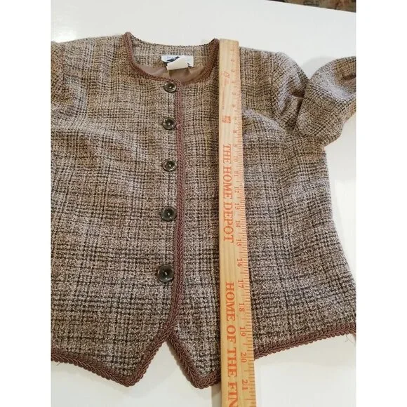 Vtg Skirt Blazer Suit Brown Tweed 5 Button Decorative Trim Faux Wrap Skirt Midi - Picture 16 of 16